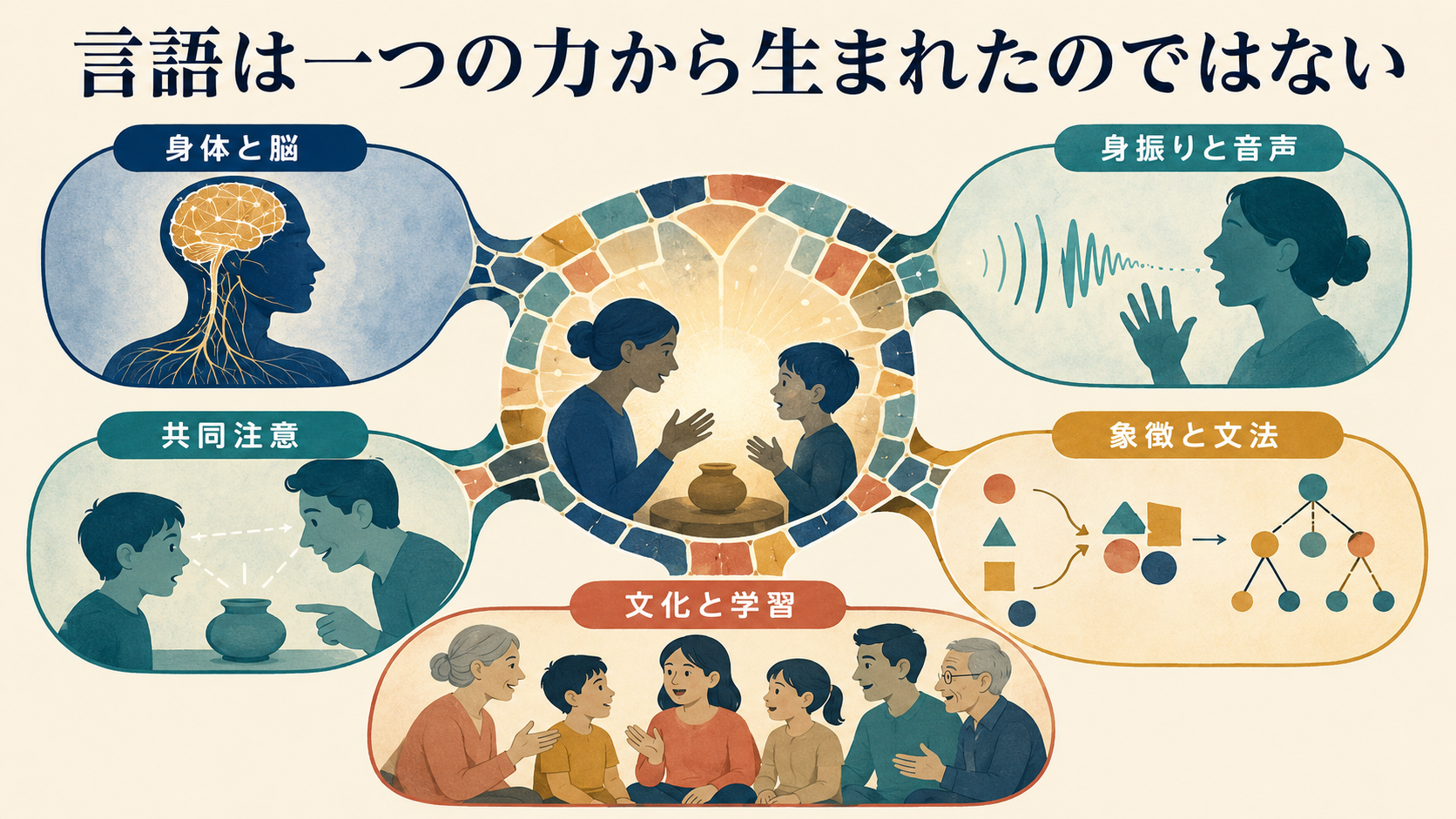 言語の起源を五要素で示した図