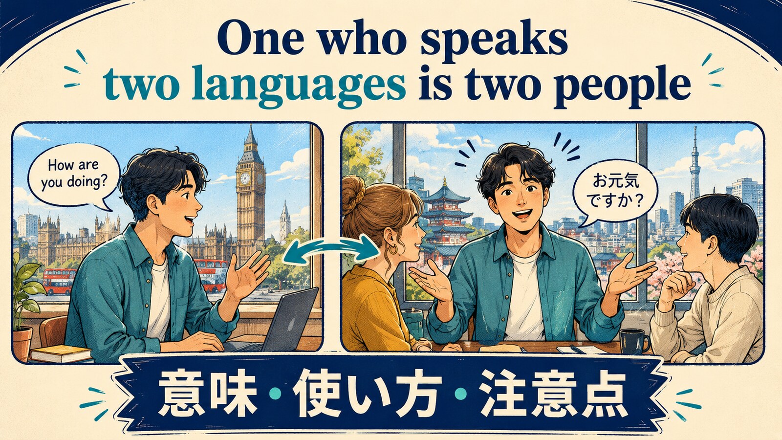 One who speaks only one language is one person, but one who speaks two languages is two peopleの意味・使い方を解説するアイキャッチ