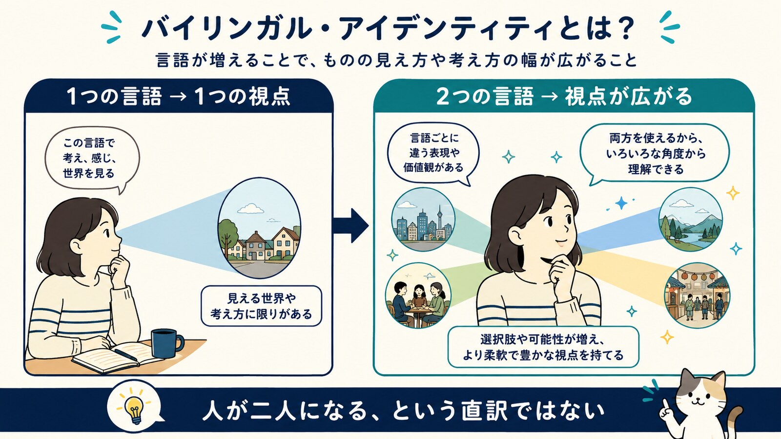 One who speaks only one language is one person, but one who speaks two languages is two peopleのニュアンスと使い分けを示す解説図