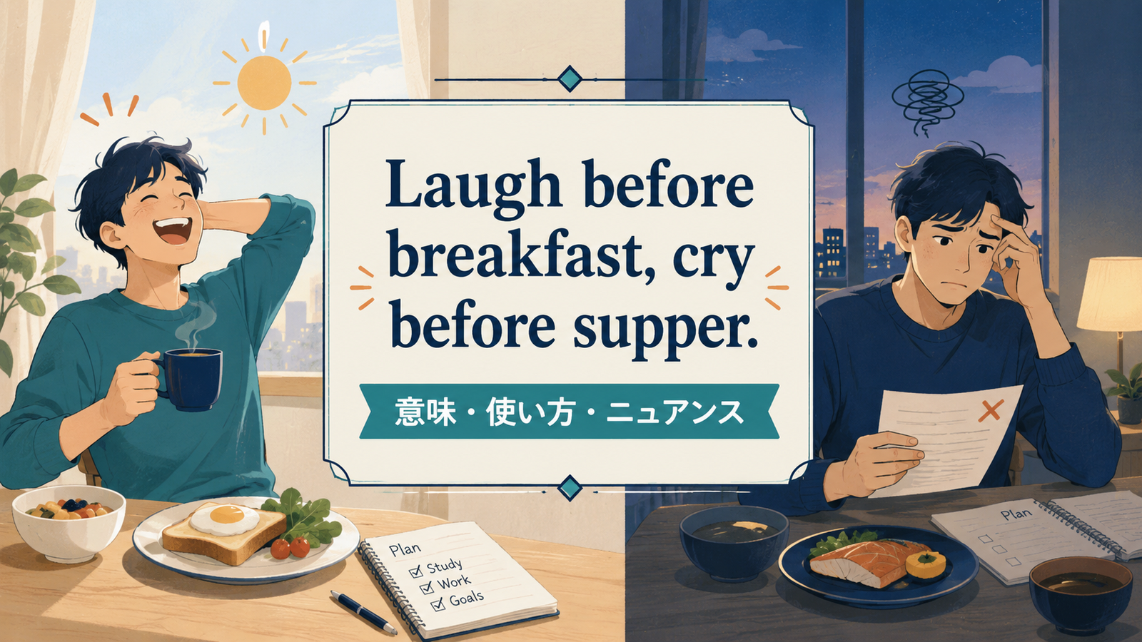 Laugh before breakfast, cry before supper.の意味・使い方｜ニュアンス・例文を解説