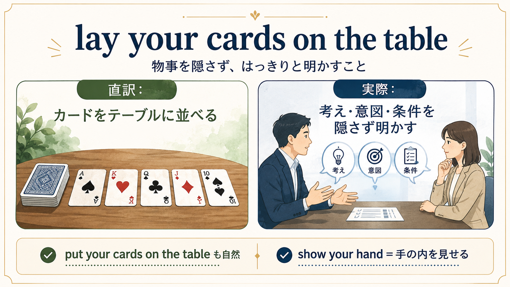 lay your cards on the tableの直訳と実際のニュアンスを示す図解