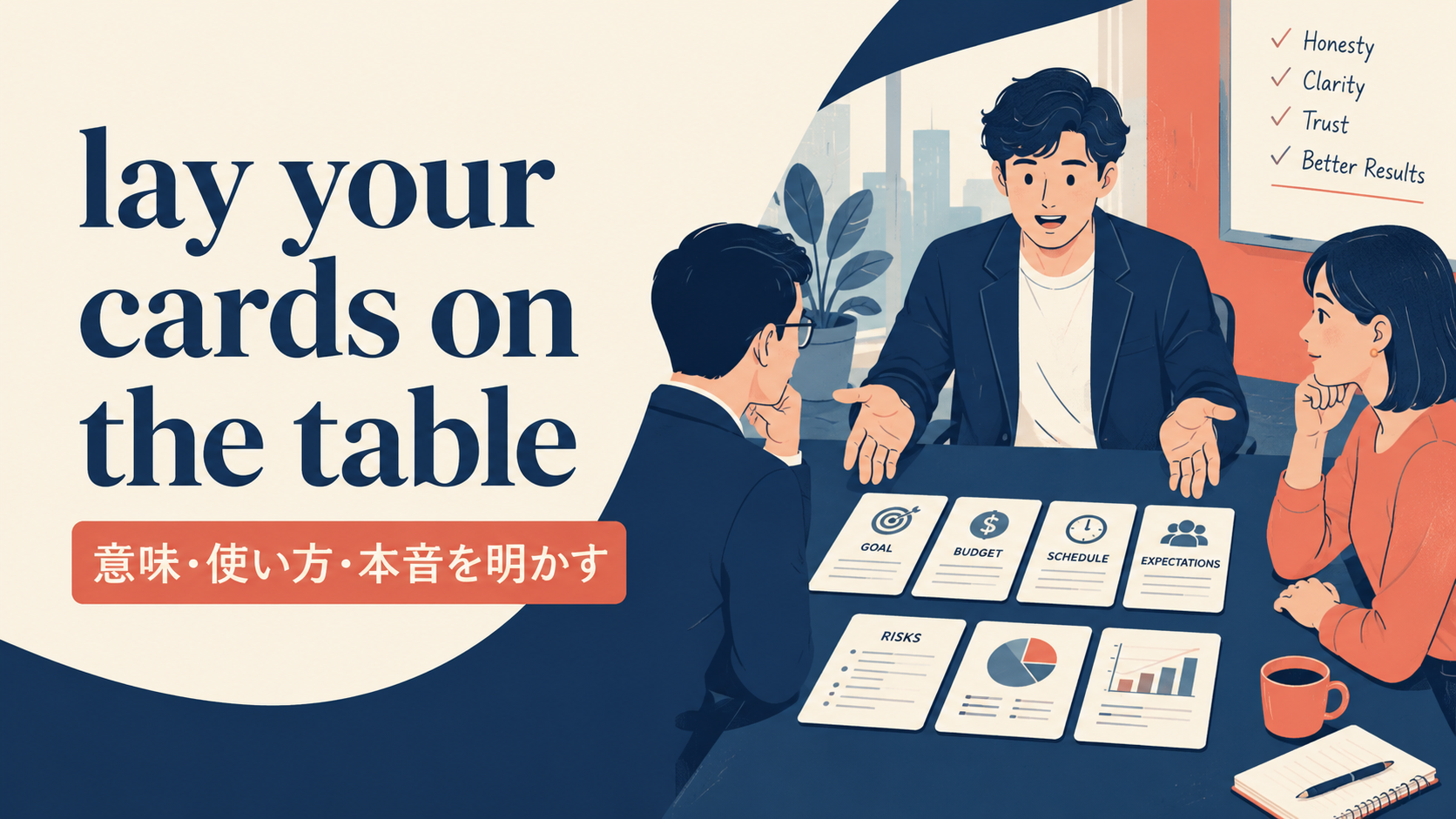 lay your cards on the tableの意味は？「本音・条件を明かす」の使い方とshow your handとの違い