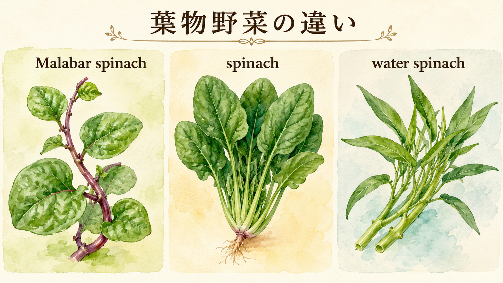 つるむらさきと似た食材の英語名を比較した解説イラスト