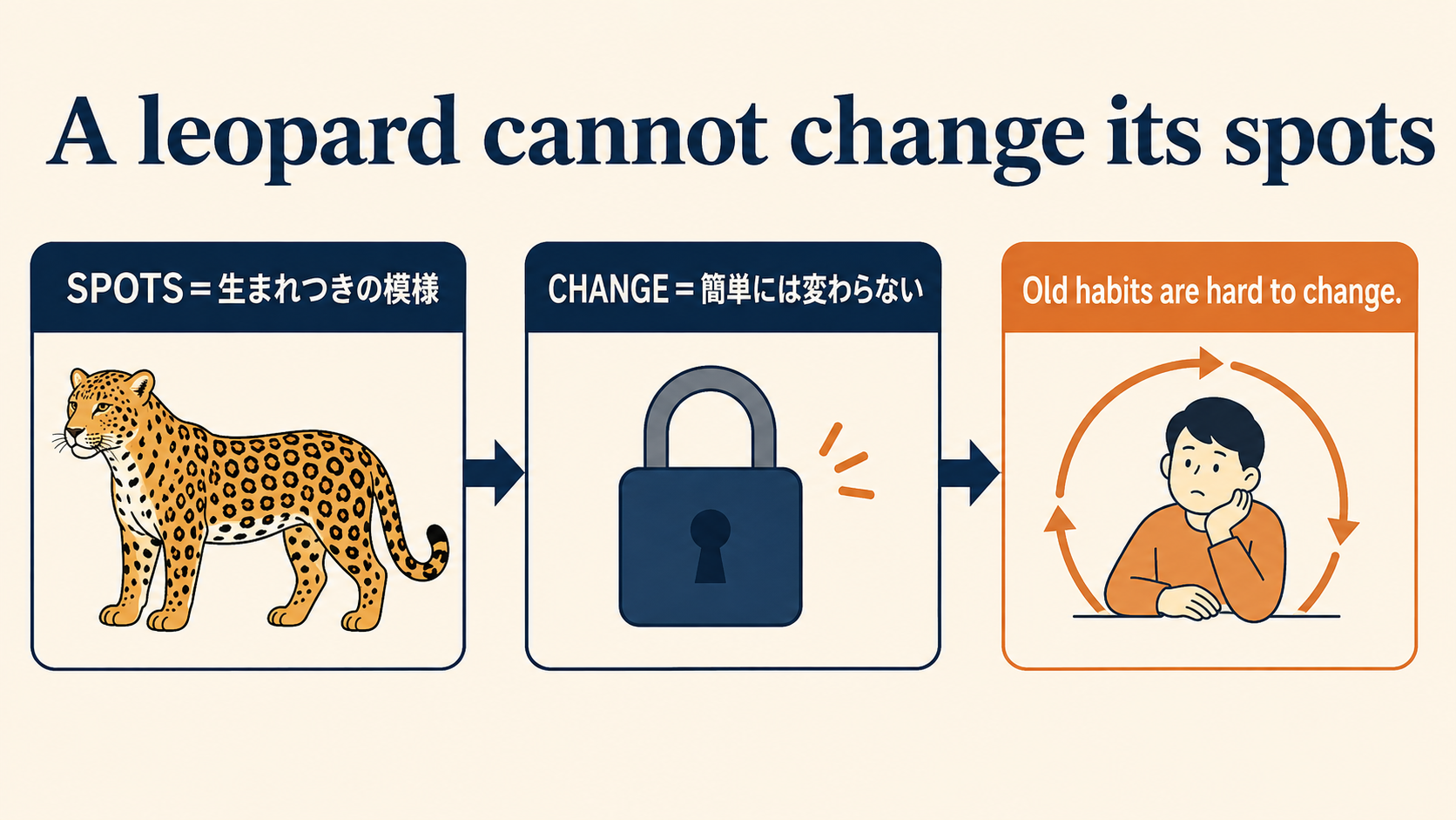 A leopard cannot change its spotsの単語とニュアンスを説明する図