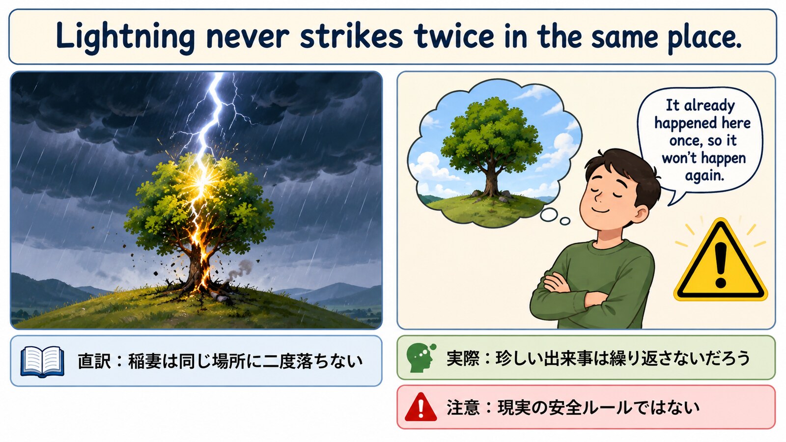 Lightning never strikes twice in the same place.の直訳と実際の意味を説明するイラスト