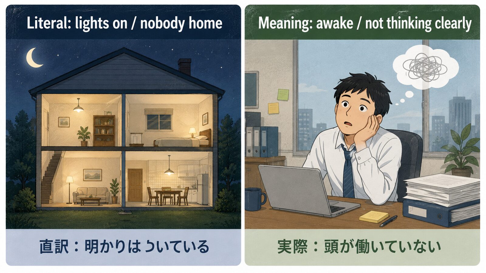 The lights are on, but nobody's home.の直訳と実際のニュアンスを比較した解説イラスト