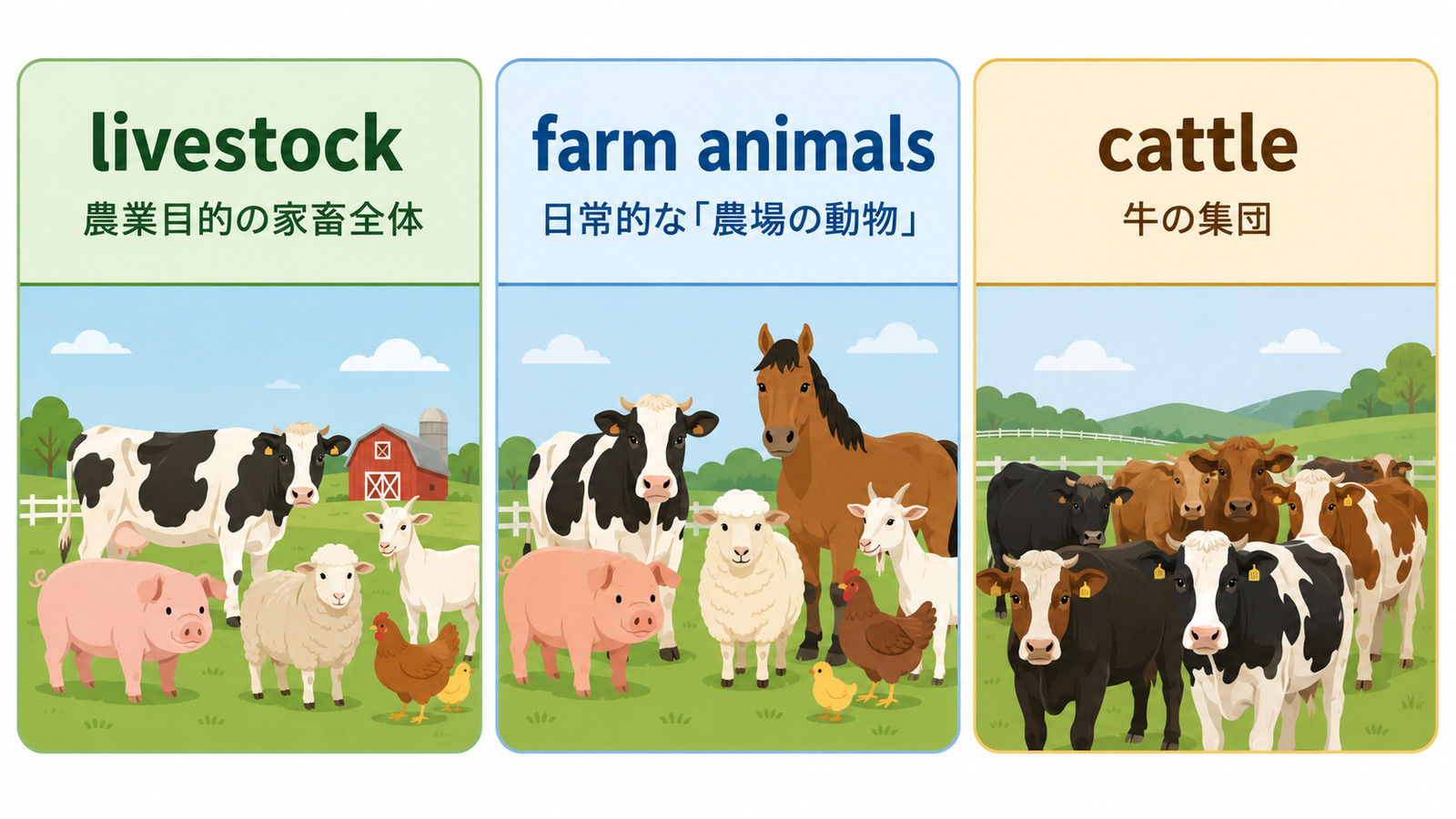 livestock・farm animals・cattleの違い