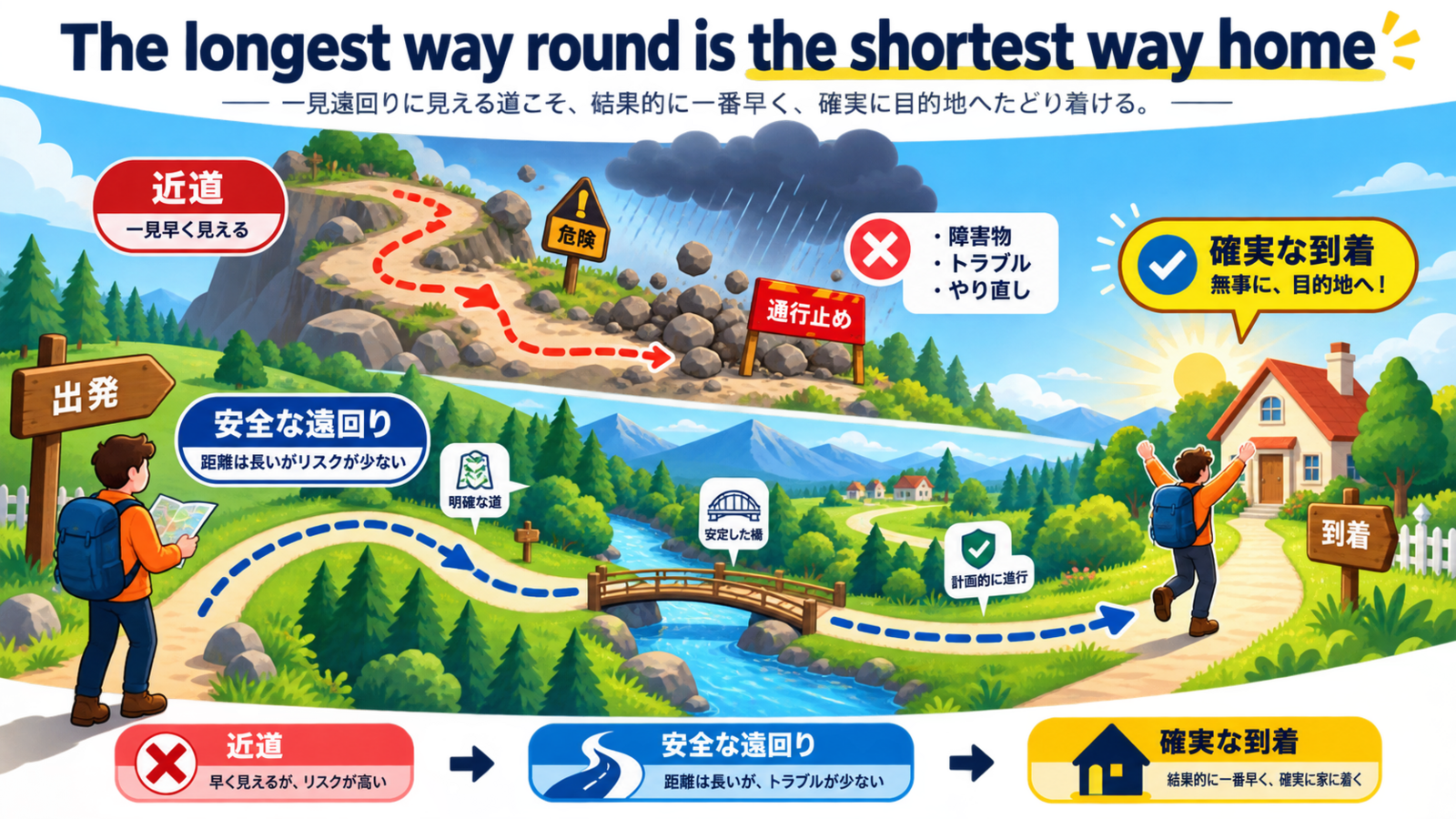 The longest way round is the shortest way home の意味・使い方｜ニュアンスと例文を解説