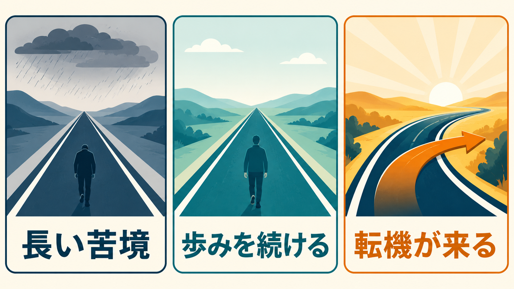 長い苦境でも歩みを続けると転機が来る図解