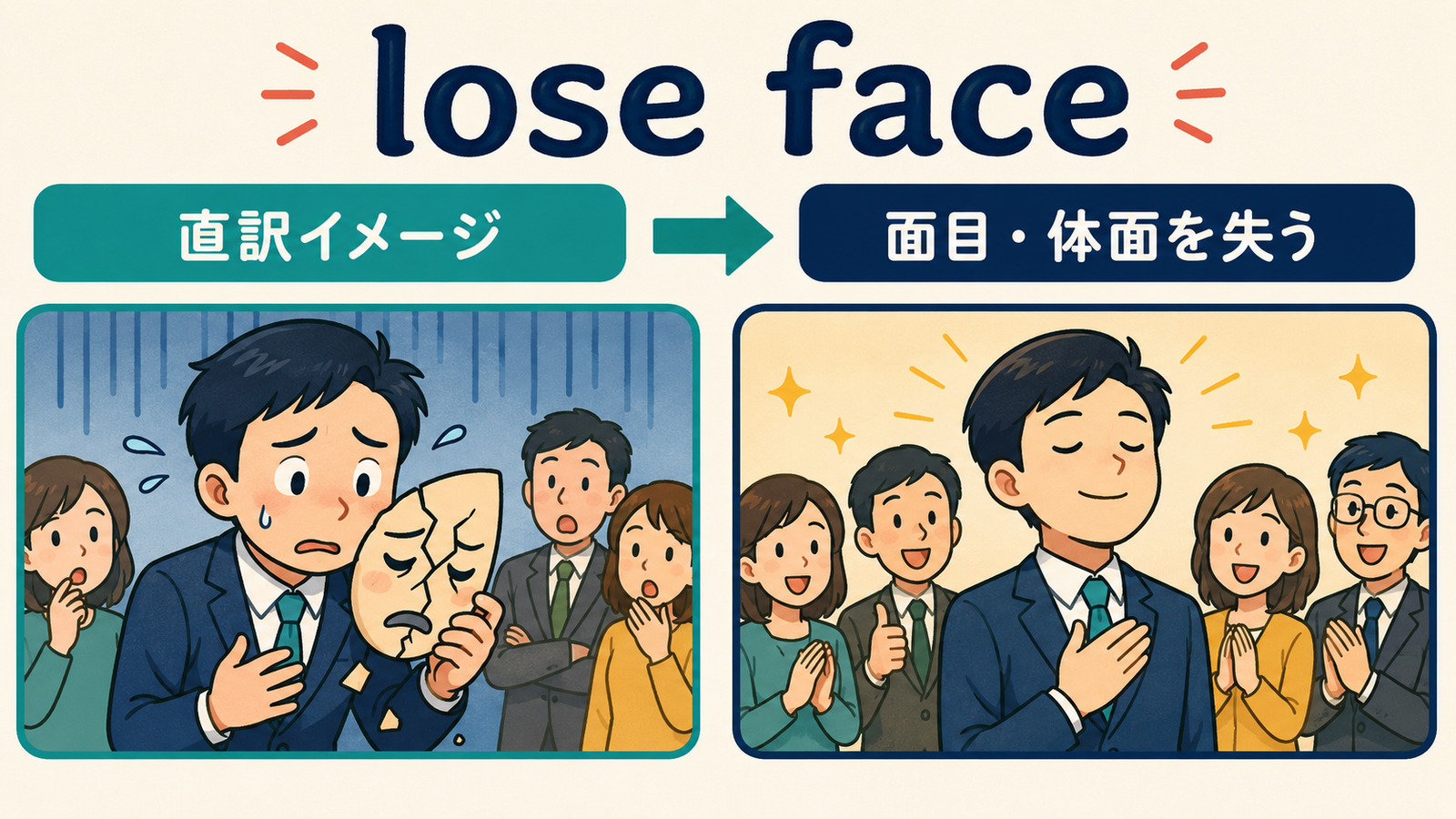 lose faceの直訳イメージと実際の意味を説明するイラスト