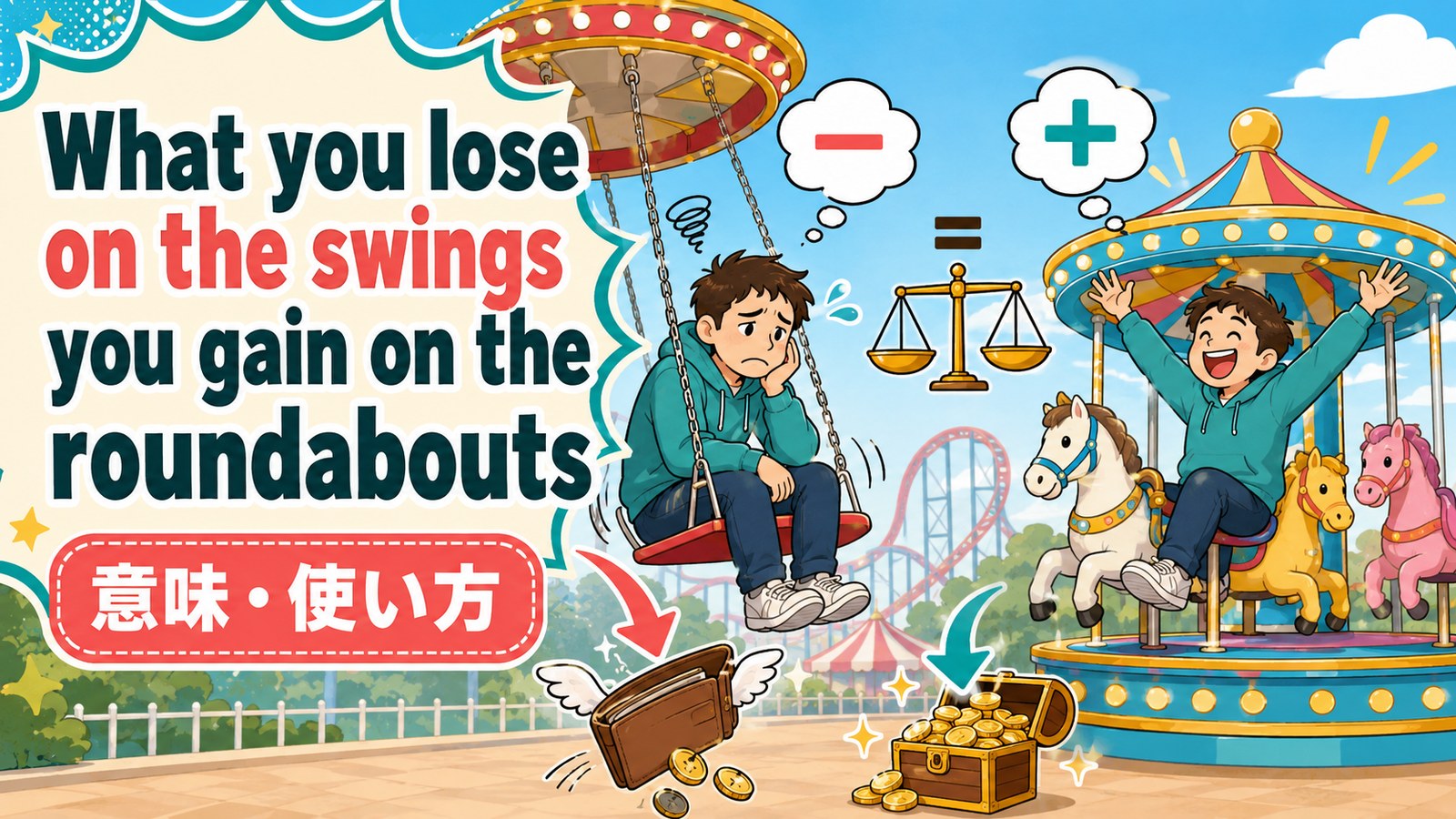What you lose on the swings you gain on the roundabouts.の意味・使い方｜損得が釣り合う表現