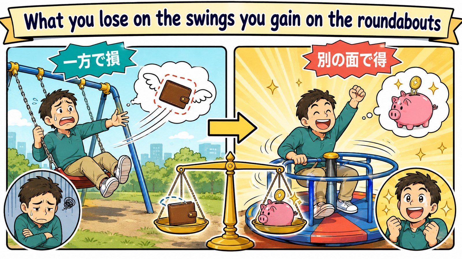 What you lose on the swings you gain on the roundabouts.の直訳・実際の教訓・簡単な言い換えを比較した図