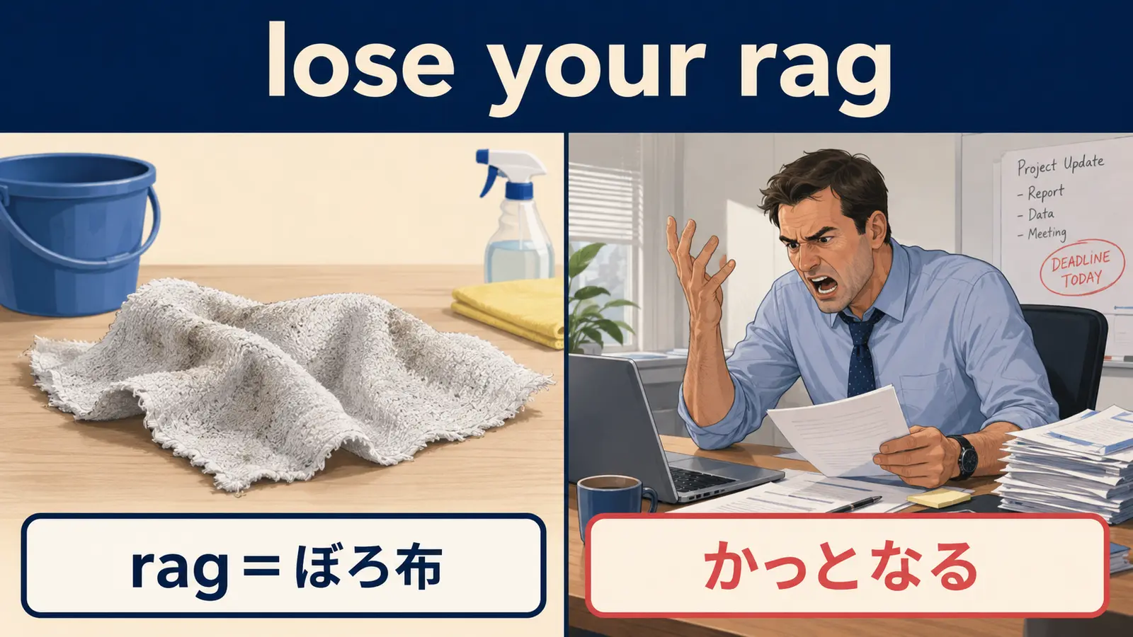 lose your ragの直訳イメージと実際の意味の比較図