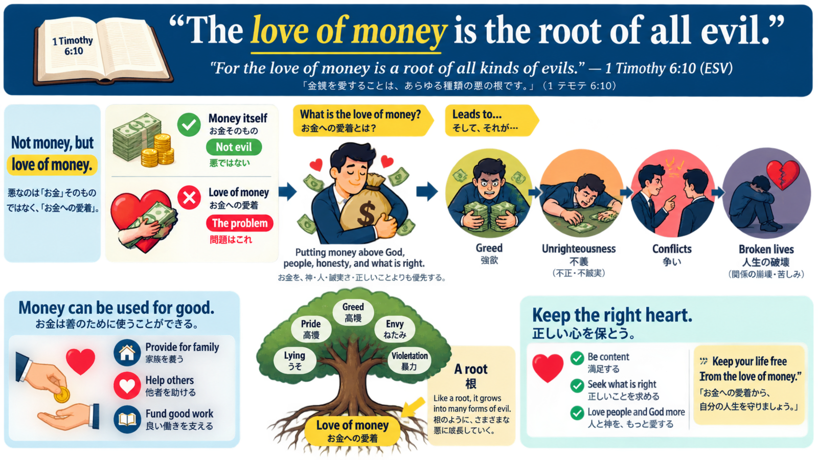 The love of money is the root of all evil の意味・使い方｜ニュアンスと例文を解説