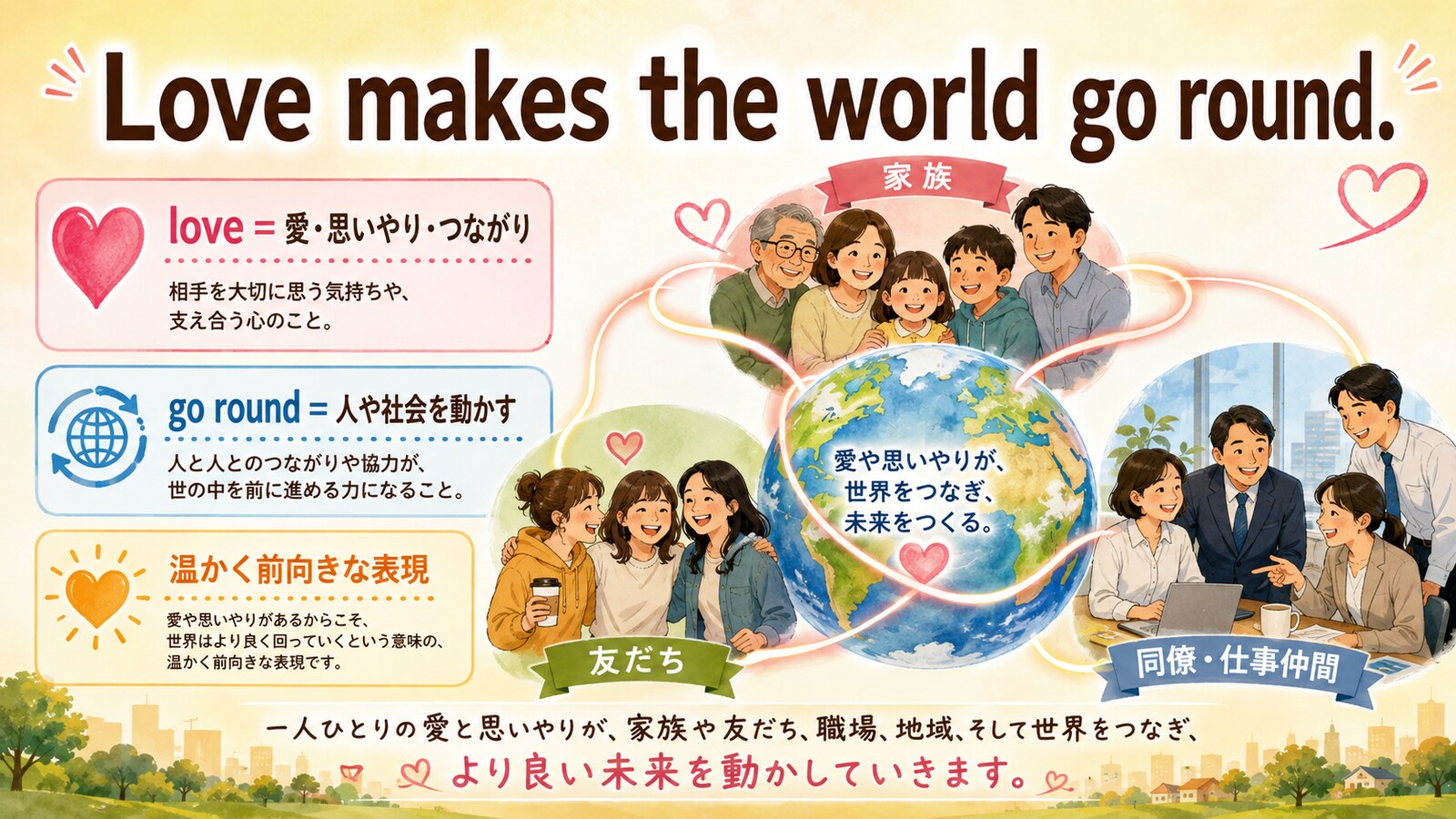 Love makes the world go round.の直訳と実際の意味を説明するイラスト