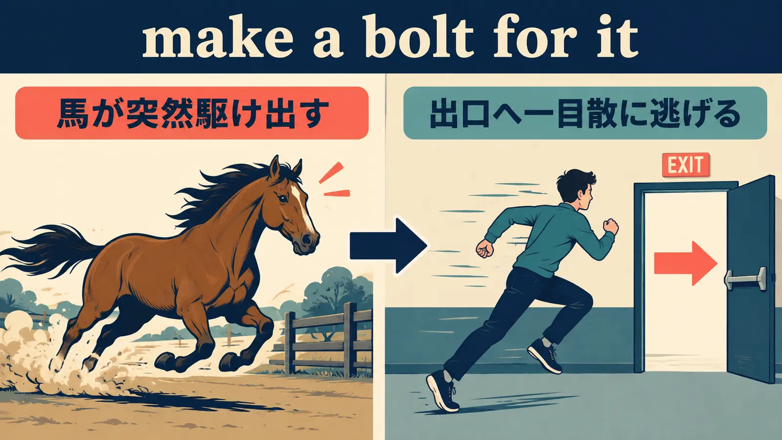 make a bolt for itの直訳イメージと実際の意味の比較図