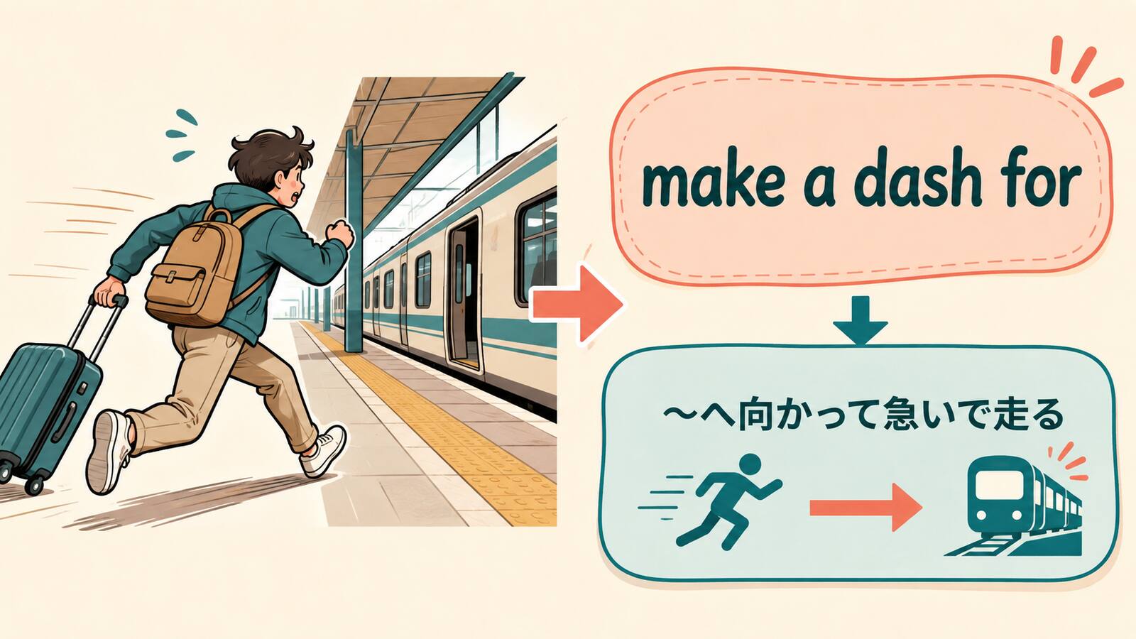 make a dash forの直訳イメージとニュアンスを説明するイラスト