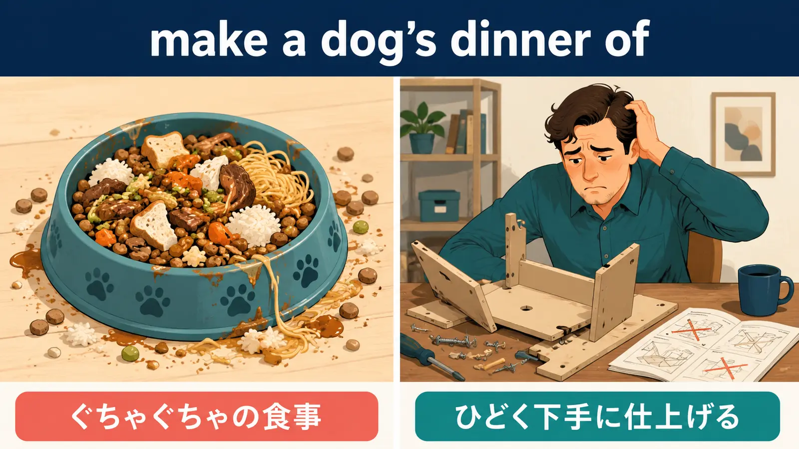 make a dog's dinner ofの直訳イメージと実際の意味の比較図