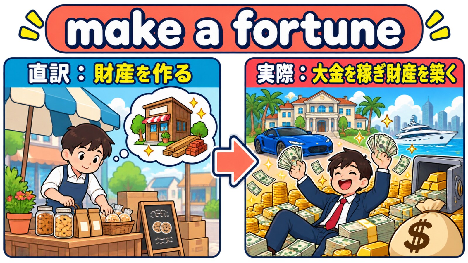 make a fortuneの直訳と実際の意味を比較したイラスト