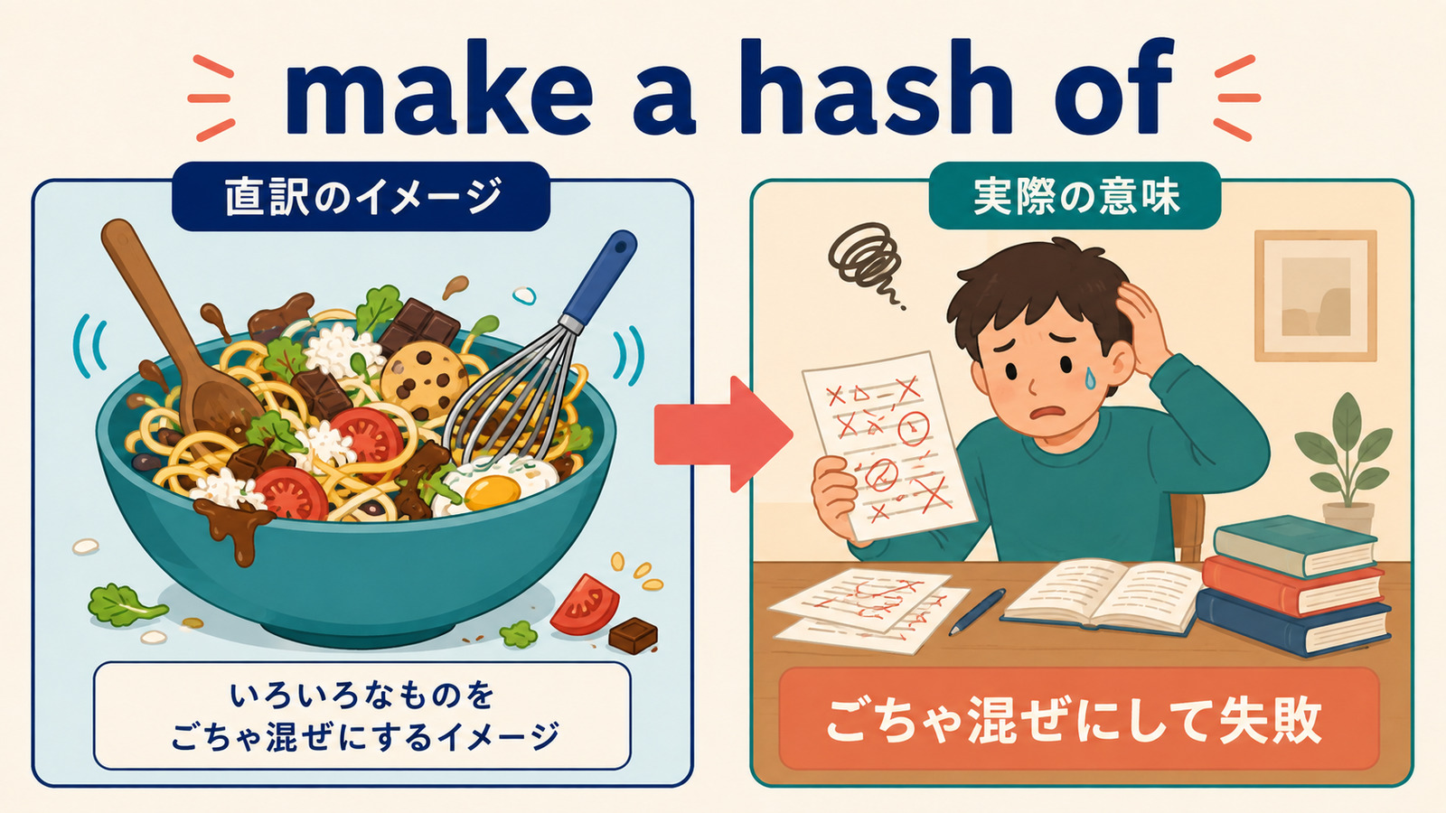 make a hash ofの文字どおりのイメージと実際の意味を比較する解説イラスト