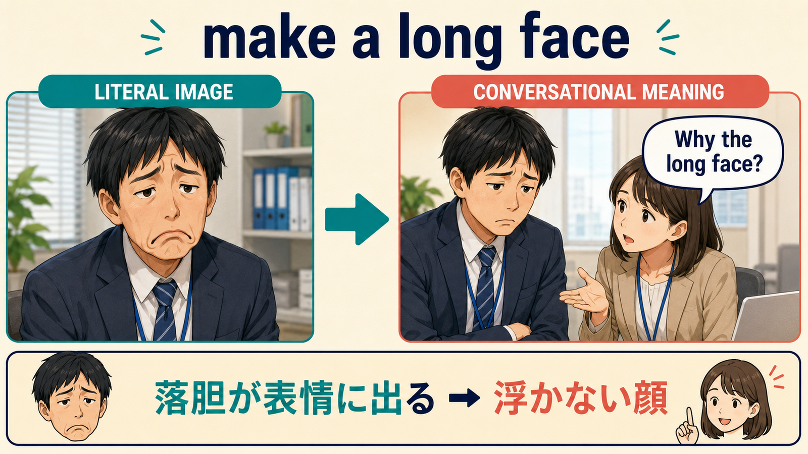 make a long faceの直訳イメージと会話での意味を比較する解説イラスト