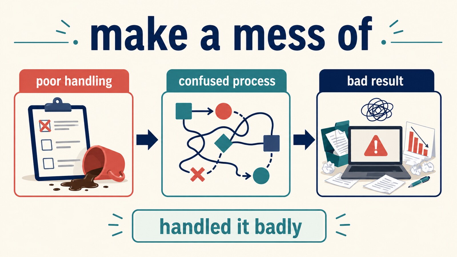 make a mess ofの意味とニュアンスを図解したイラスト