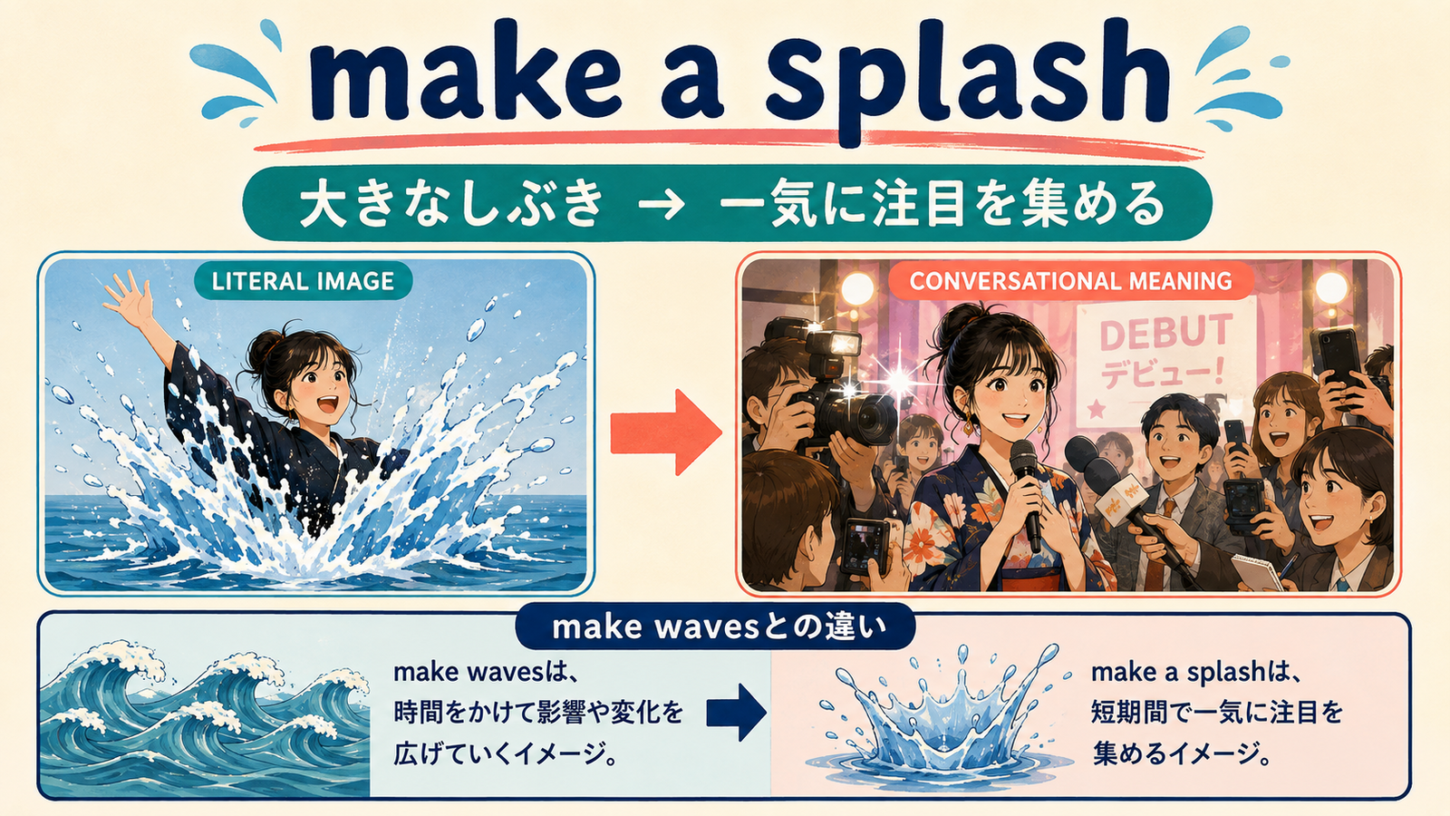 make a splashの直訳イメージと会話での意味を比較する解説イラスト