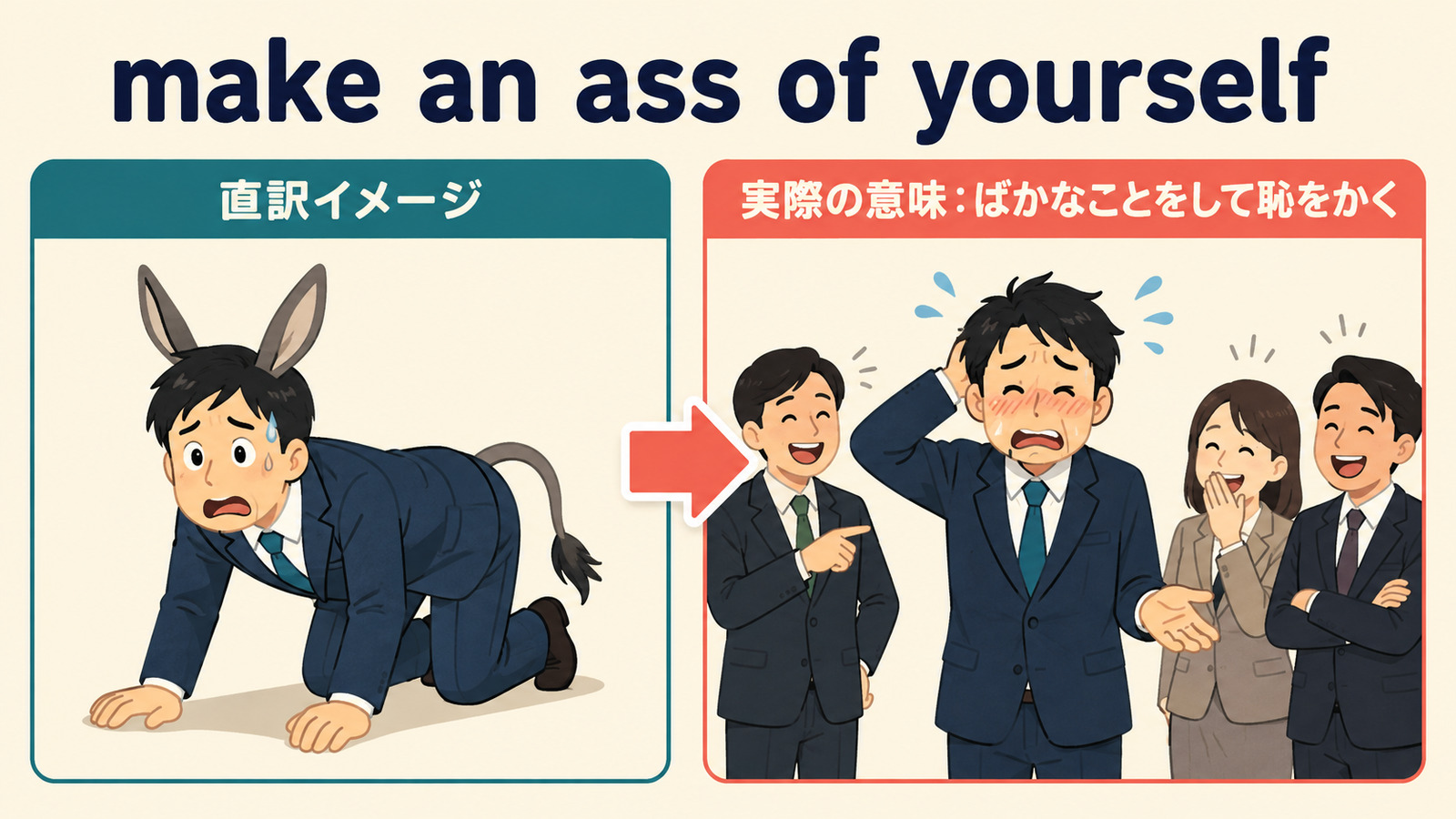 make an ass of yourselfの直訳イメージから実際の意味への図解