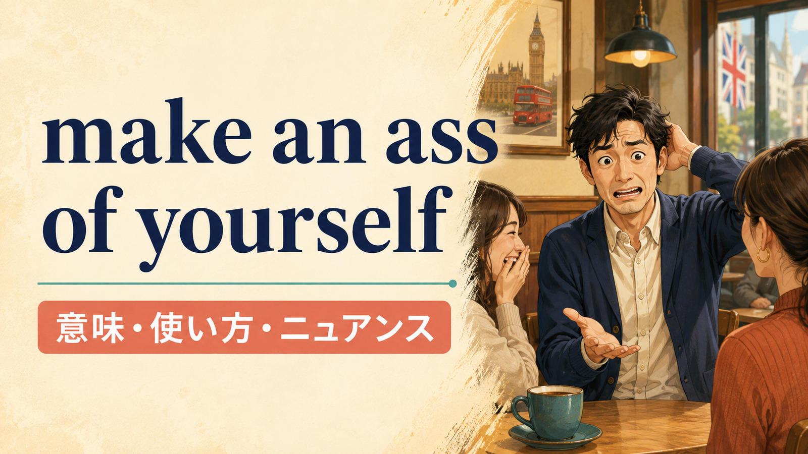 make an ass of yourselfの意味・使い方・ニュアンスを解説するアイキャッチ画像