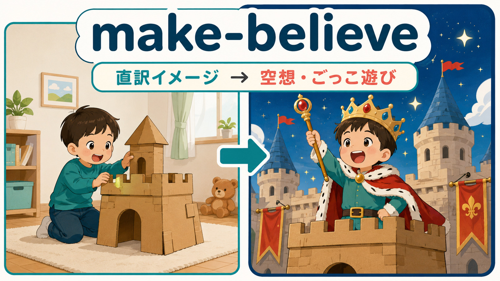 make-believeの直訳イメージと実際の意味を説明するイラスト