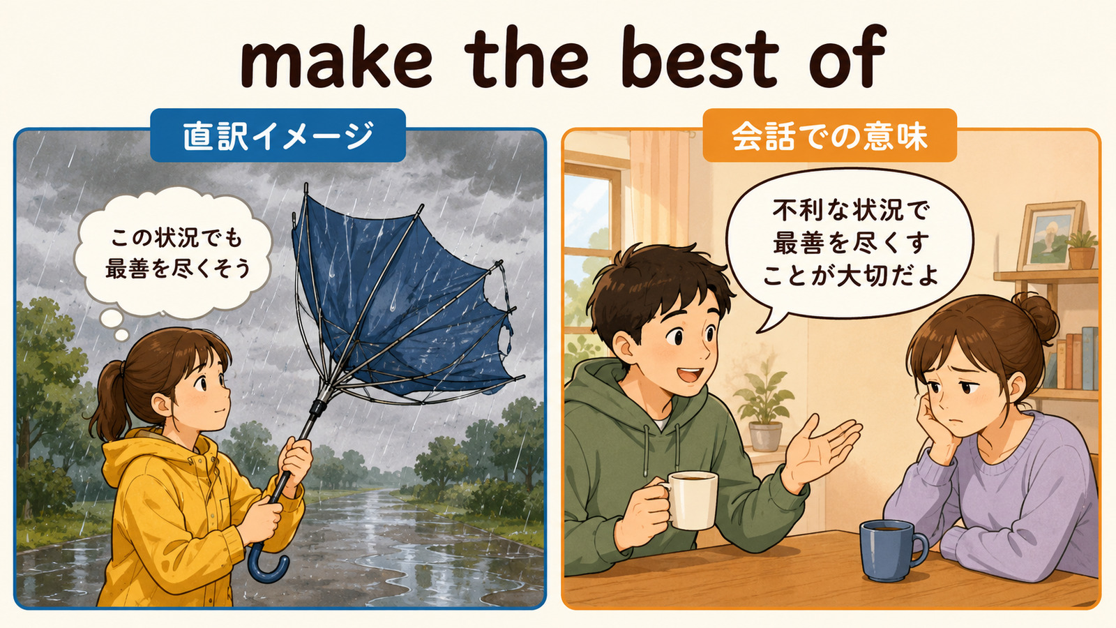 make the best ofの直訳イメージと「不利な状況を受け入れ、その中で最善を尽くす」のニュアンスを比較する解説イラスト