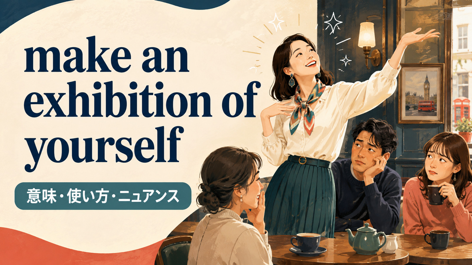 make an exhibition of yourselfの意味・使い方・ニュアンスを解説するアイキャッチ画像