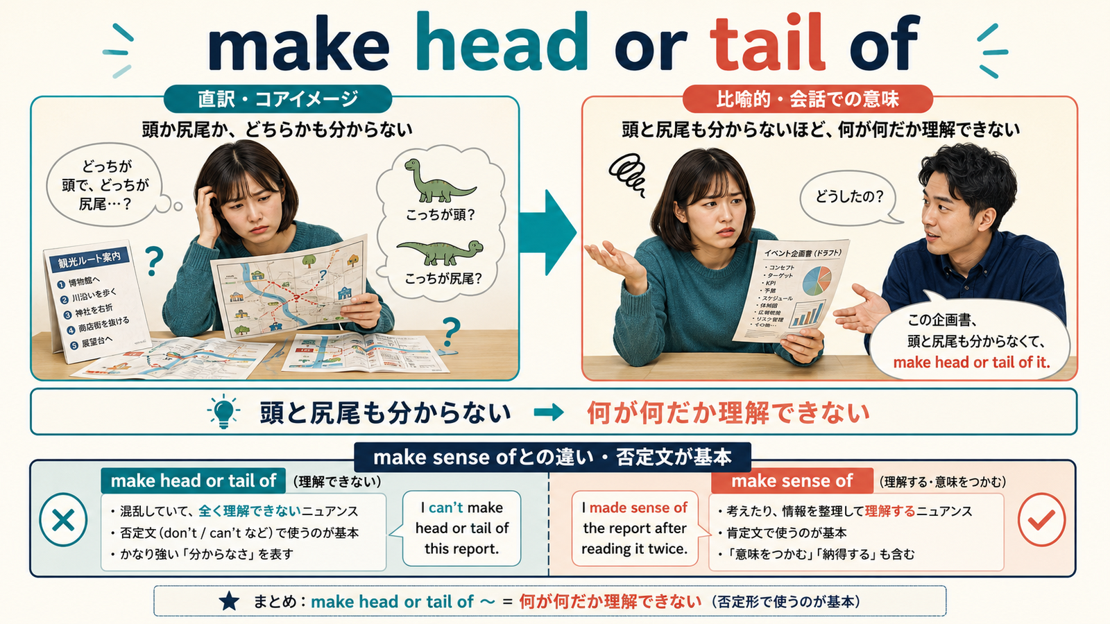 make head or tail ofの直訳イメージと会話での意味を比較する解説イラスト