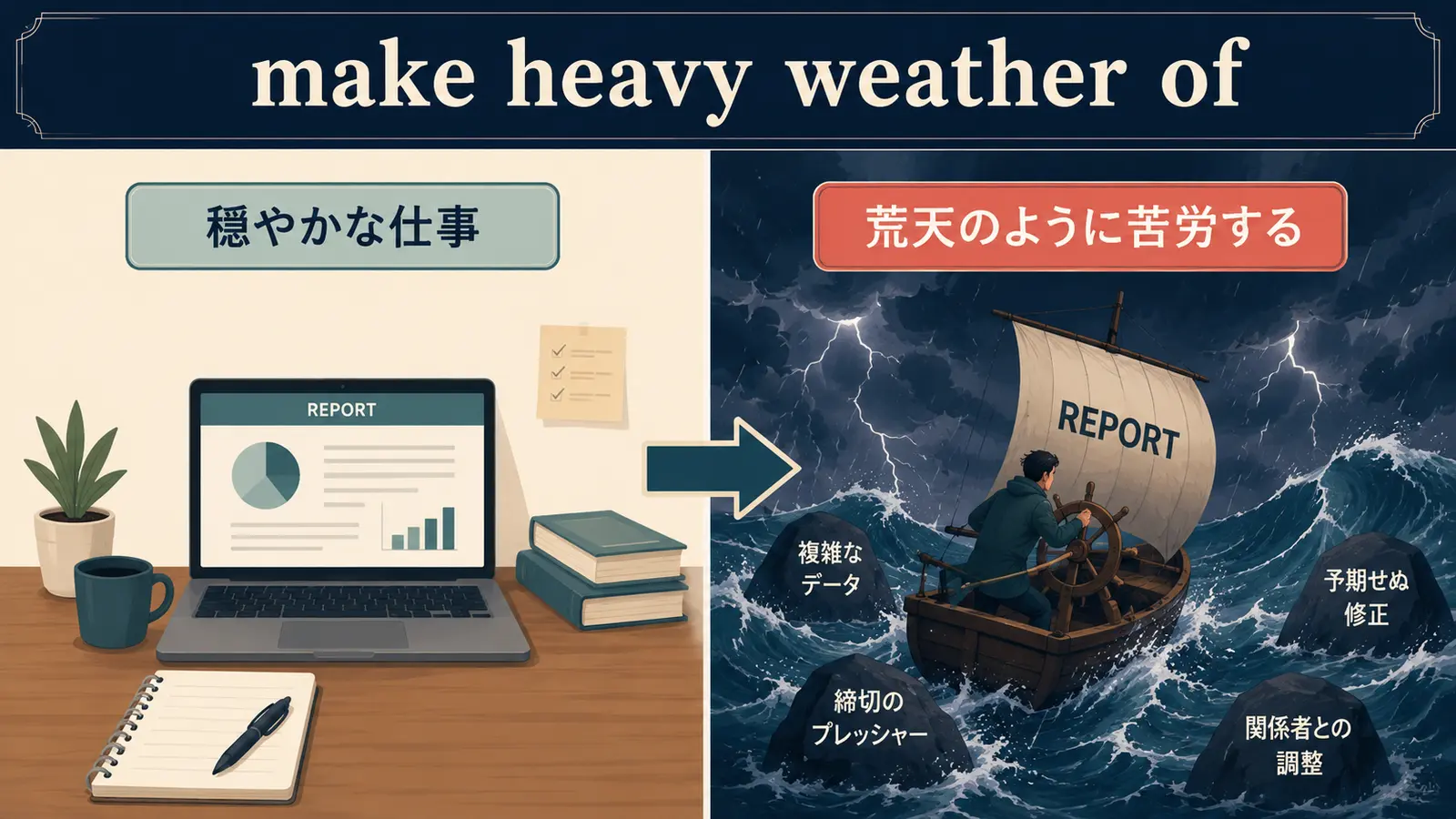 make heavy weather ofの直訳イメージと実際の意味の比較図