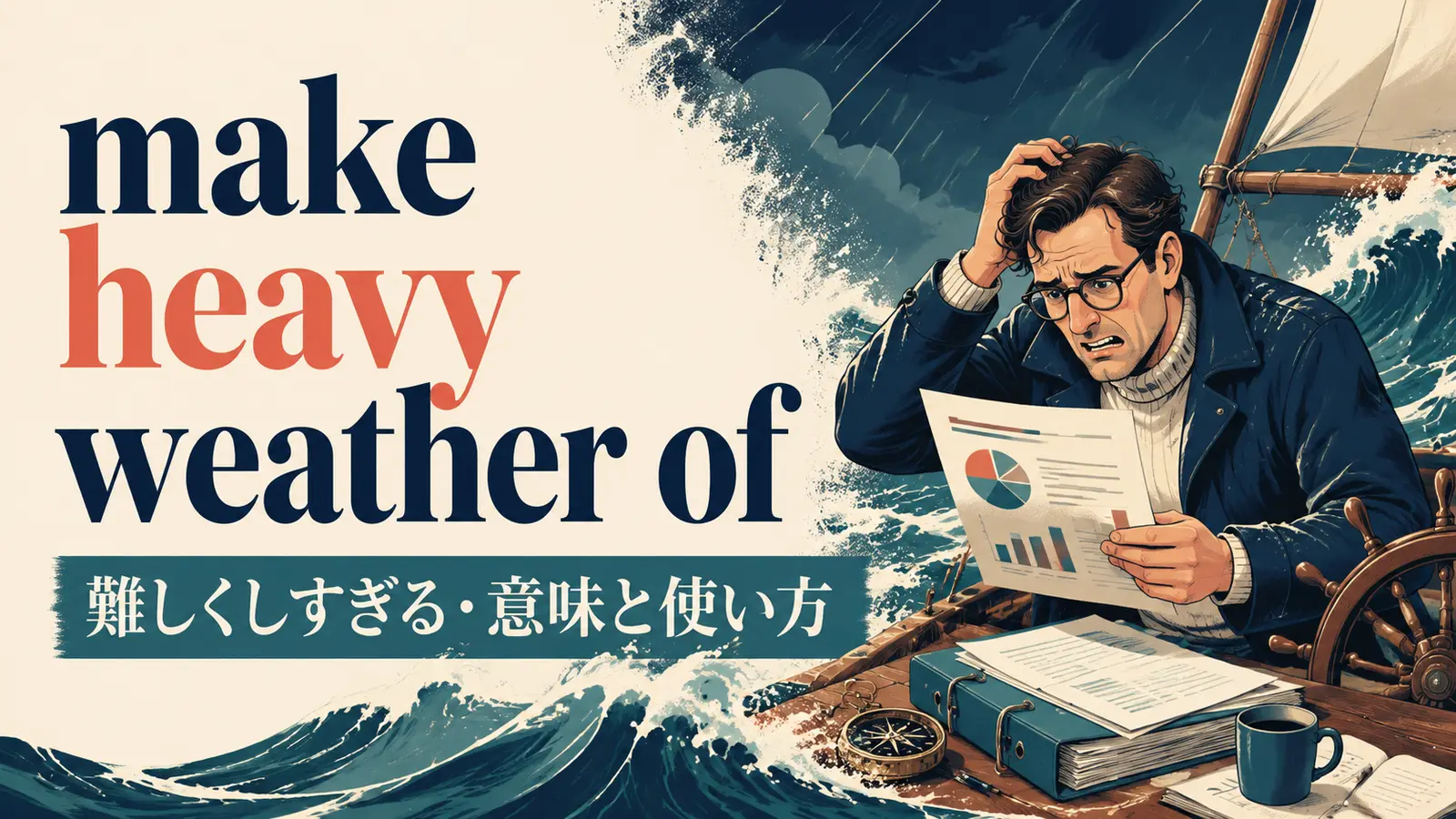 make heavy weather ofの意味・使い方・ニュアンスを解説するアイキャッチ