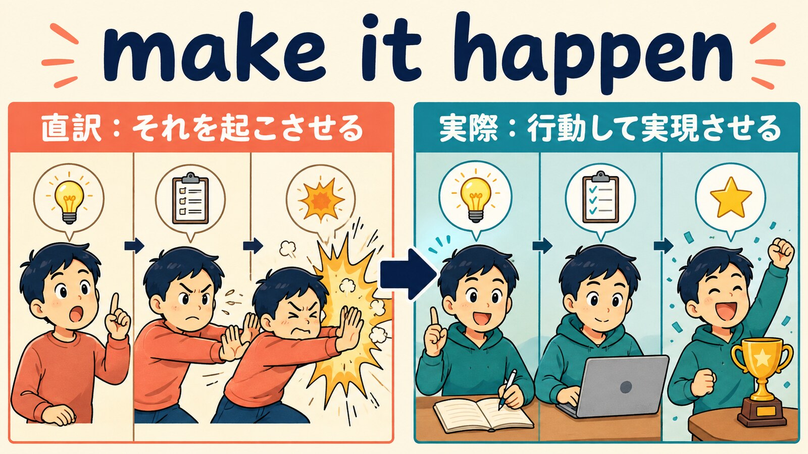 make it happenの直訳と実際の意味を比較したイラスト