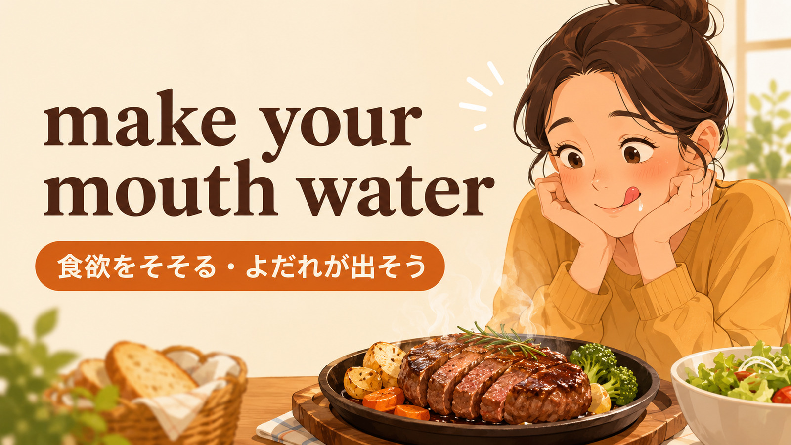 make your mouth waterの意味「食欲をそそる・よだれが出そうにさせる」を解説するアイキャッチ画像