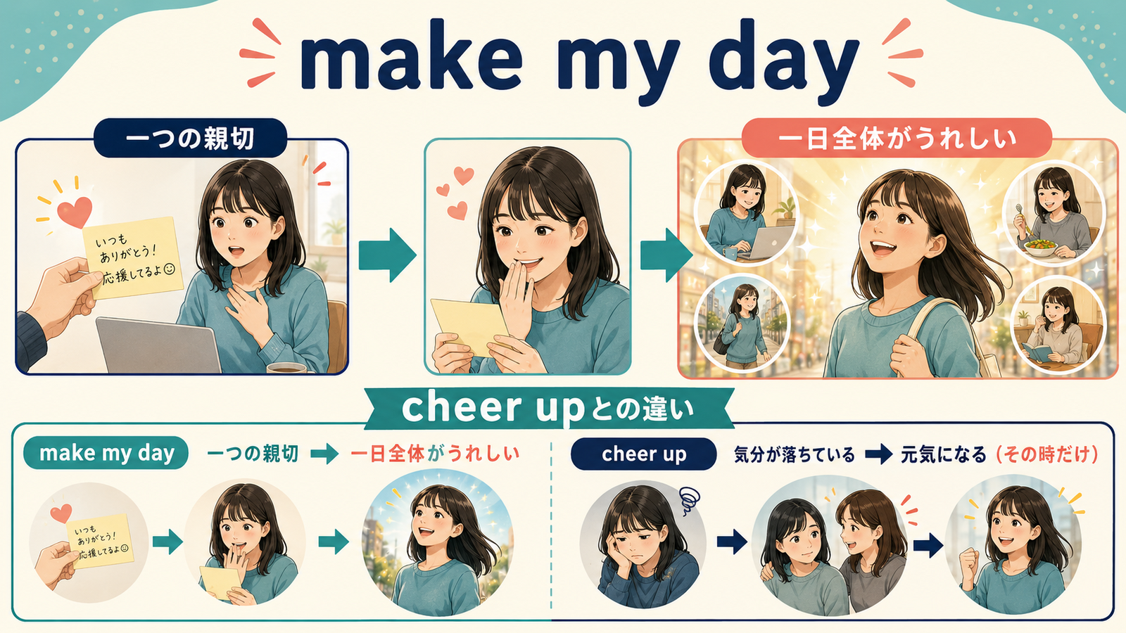 make my dayの意味は？「とてもうれしい気持ちにさせる」の使い方・ニュアンスと例文