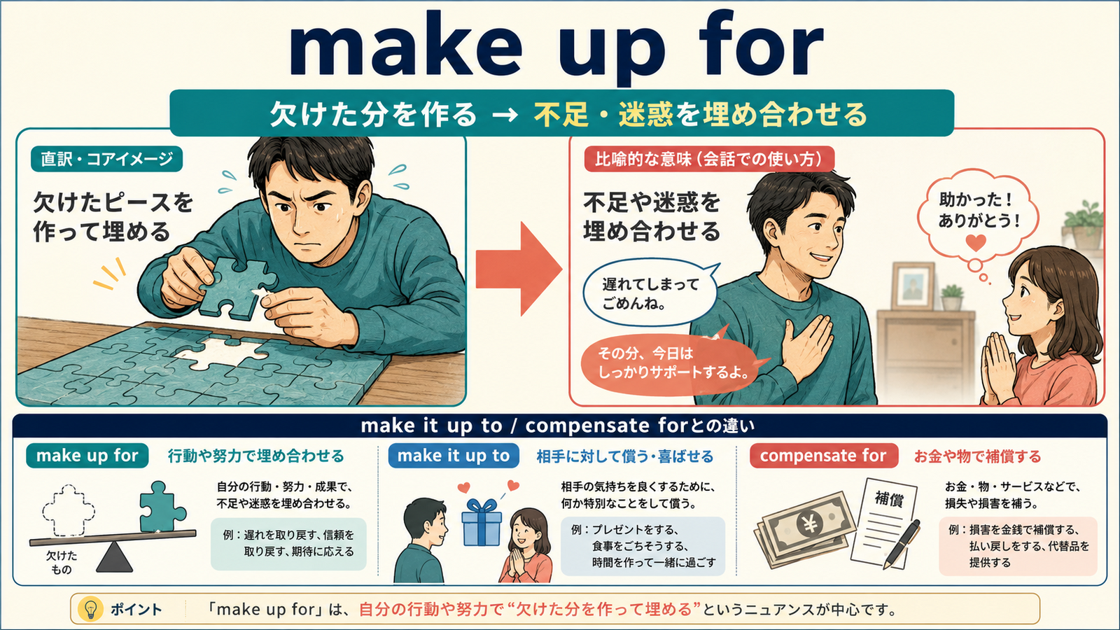 make up forの意味は？「損失・不足・迷惑を埋め合わせる」の使い方・ニュアンスと例文