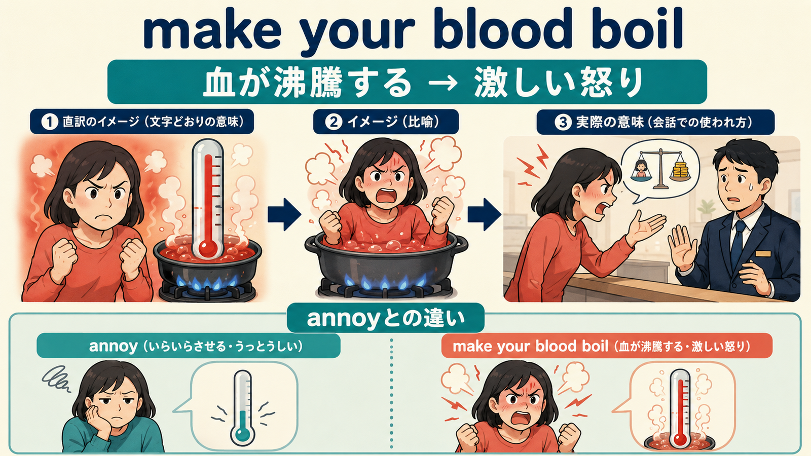 make your blood boilの直訳イメージと会話での意味を比較する解説イラスト