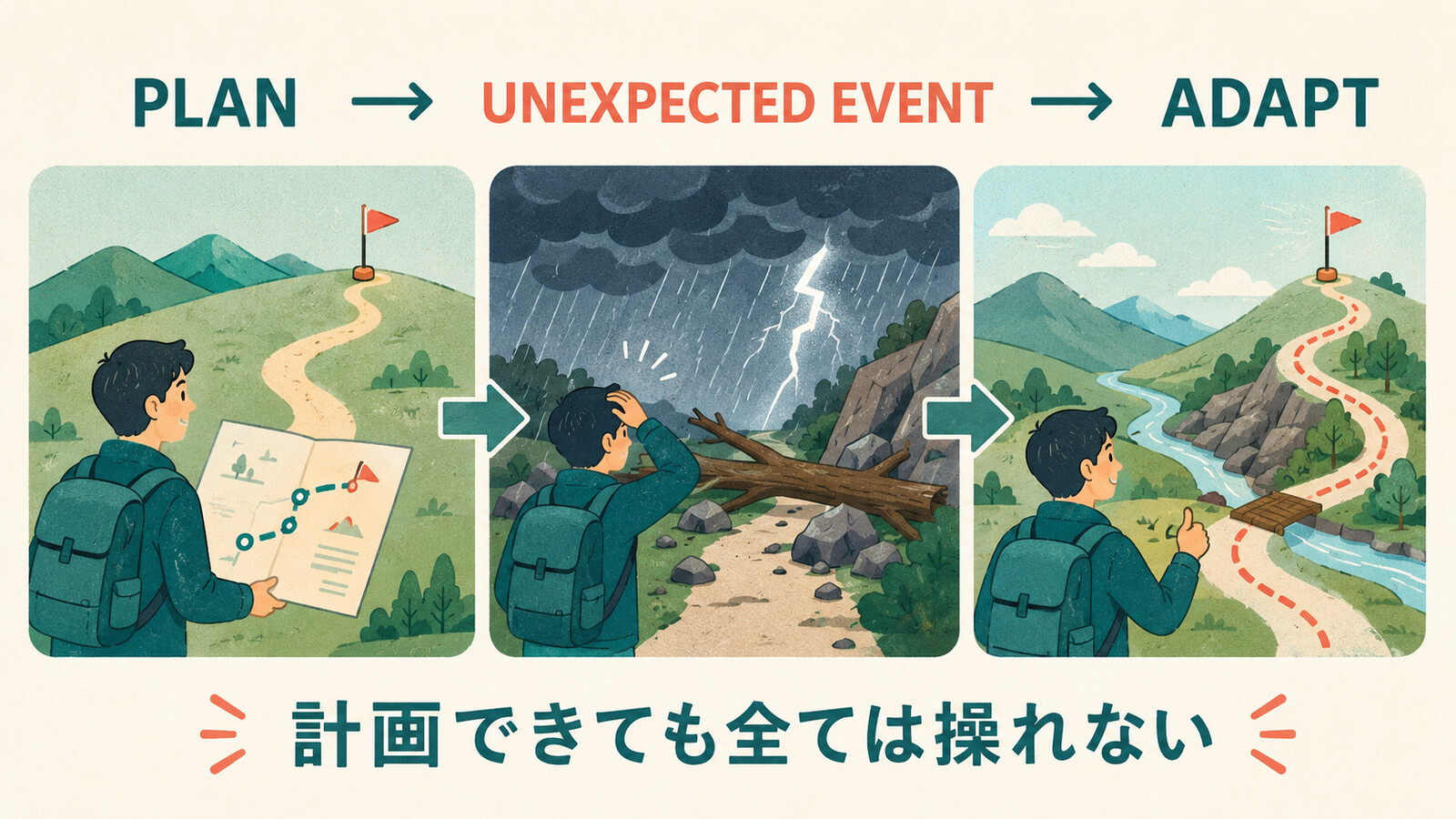 Man proposes, God disposes.の直訳と実際の意味を比較する解説イラスト