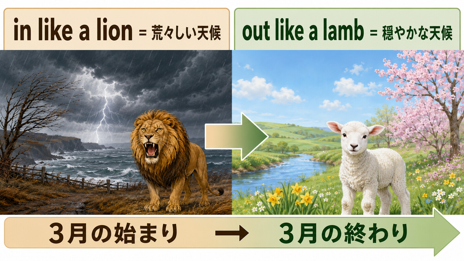 March comes in like a lion and goes out like a lamb.の直訳と実際のニュアンスを図解
