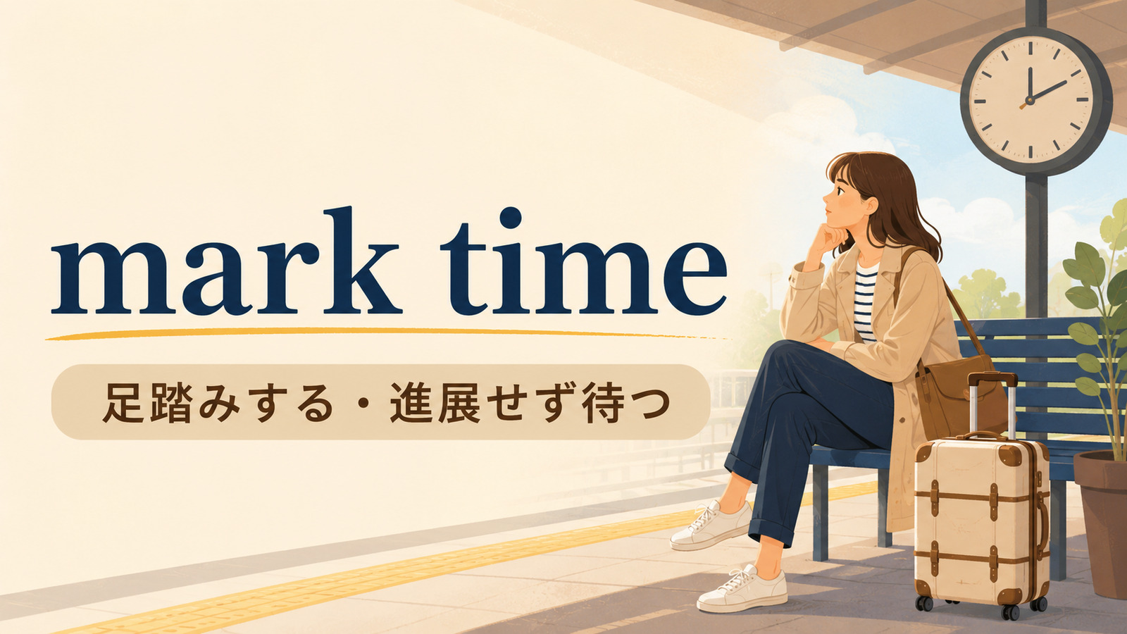 mark timeの意味「足踏みする/進展せず待つ」を解説するアイキャッチ画像