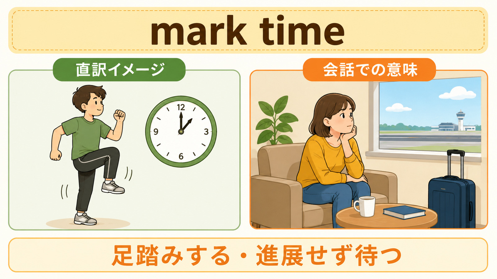 mark timeの直訳イメージと会話での意味を比較する解説イラスト