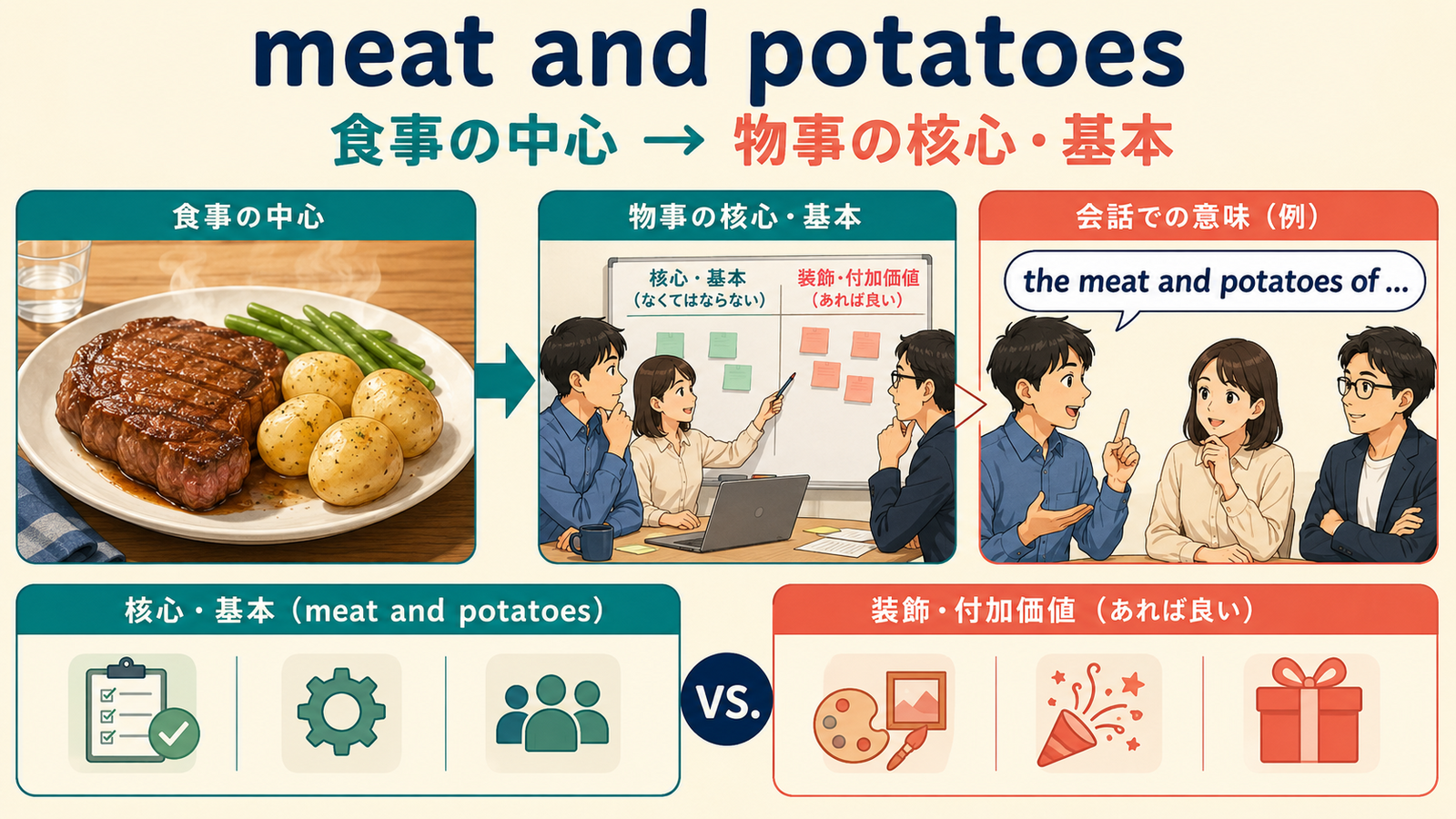 meat and potatoesの直訳イメージと会話での意味を比較する解説イラスト