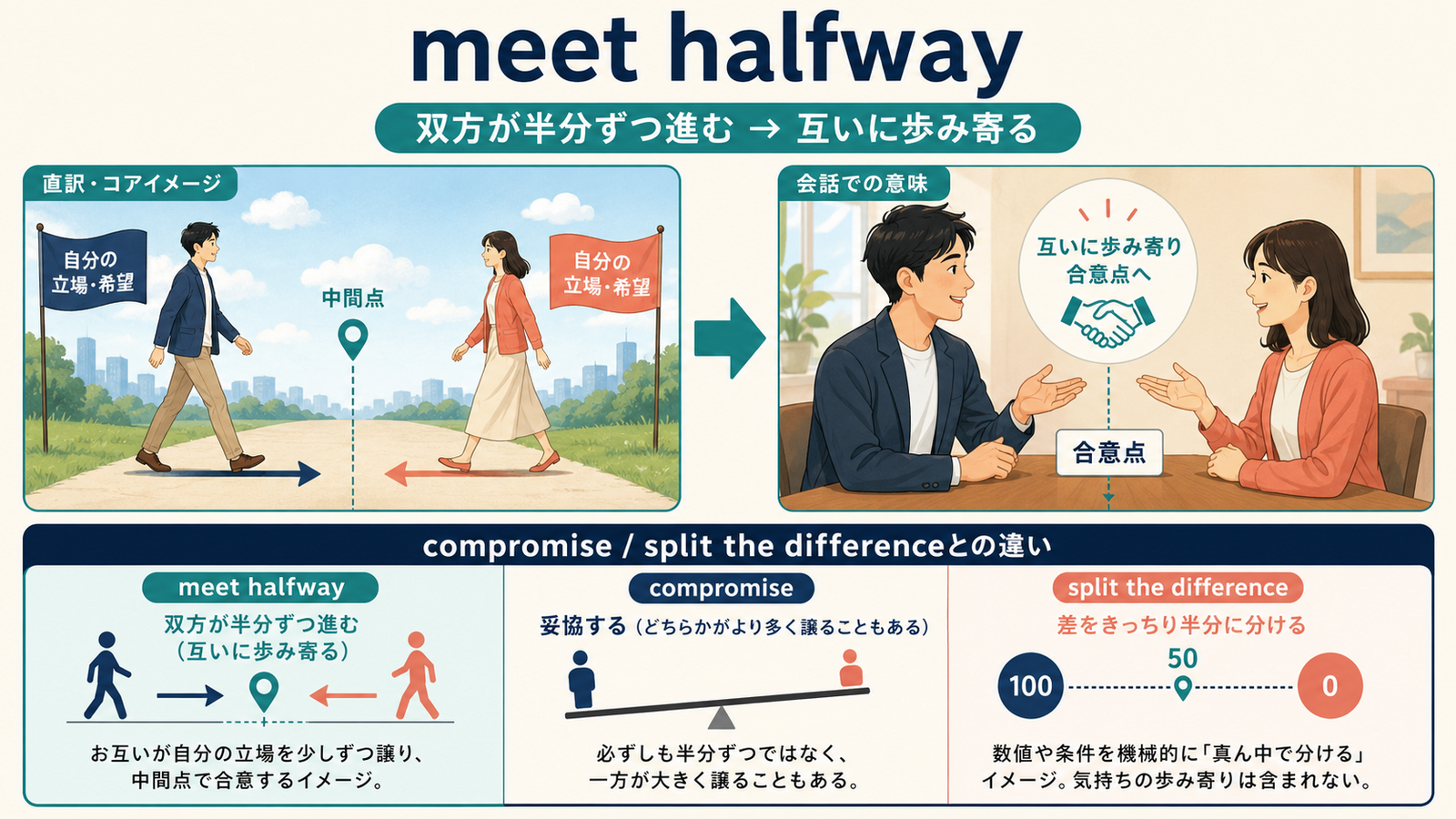 meet halfwayの直訳イメージと会話での意味を比較する解説イラスト