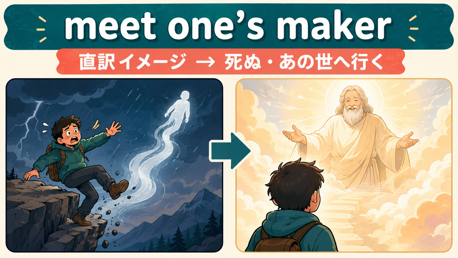 meet one’s makerの直訳イメージと実際の意味を説明するイラスト
