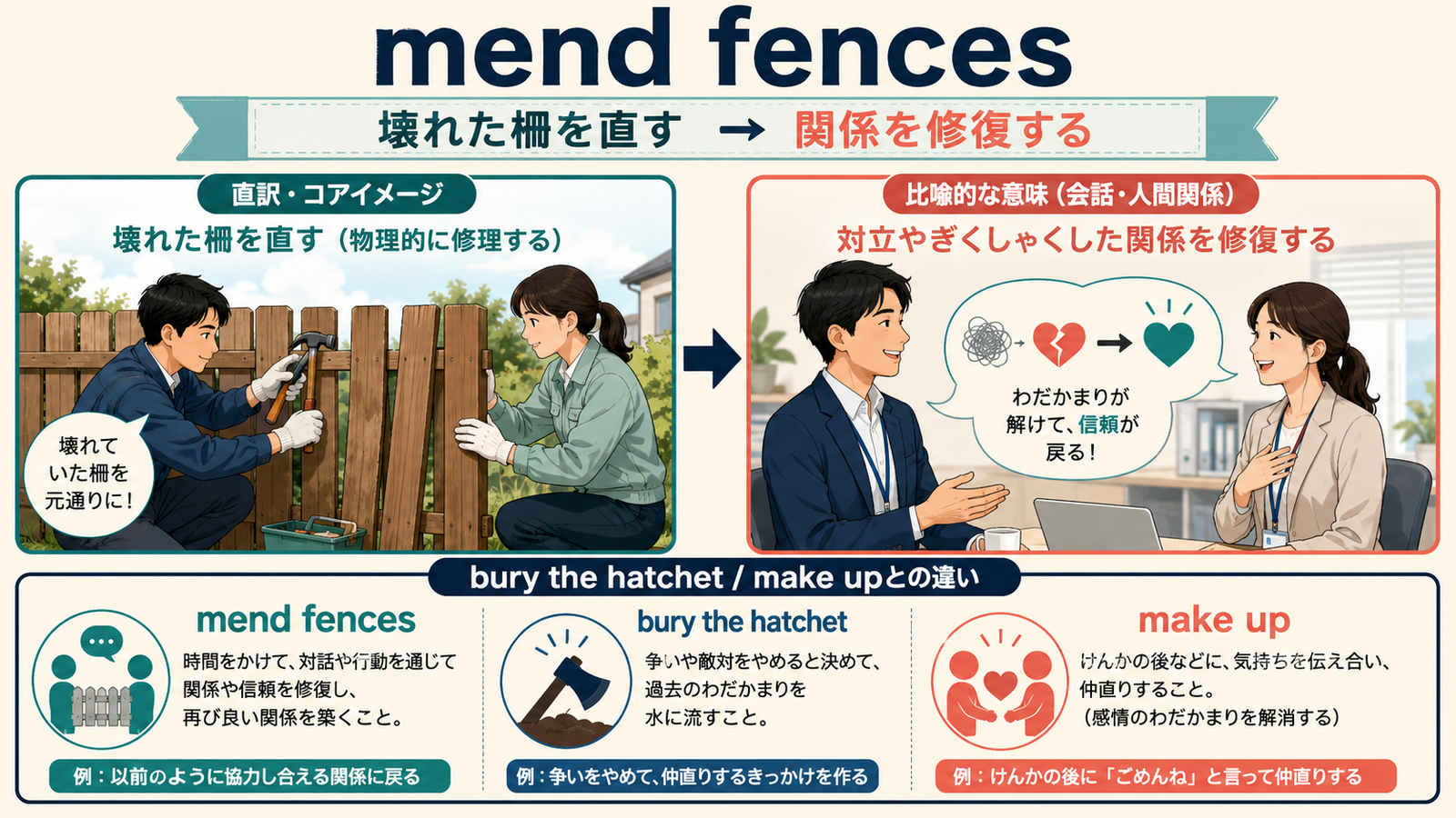 mend fencesの意味は？「傷ついた関係を修復する・仲直りを図る」の使い方・ニュアンスと例文