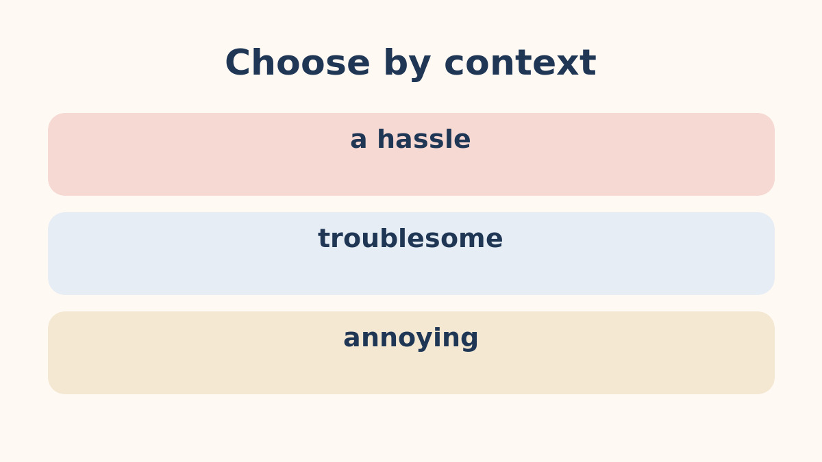 a hassle・troublesome・annoyingの違いを示す比較図