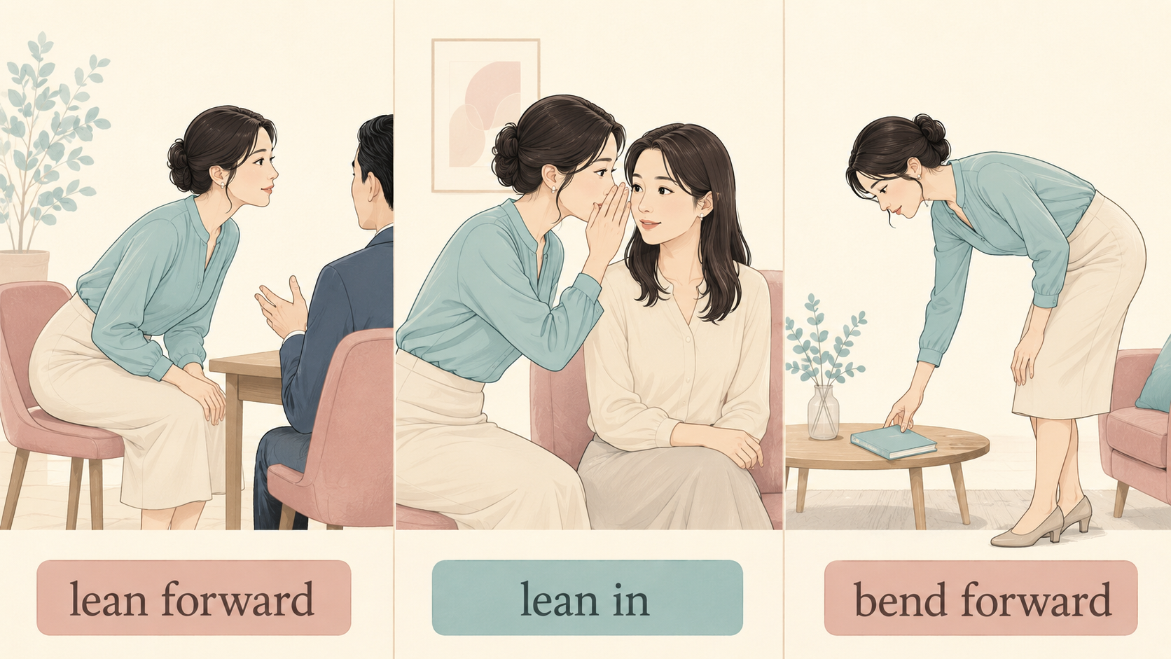 lean forward・lean in・bend forwardの違いを示す比較イラスト